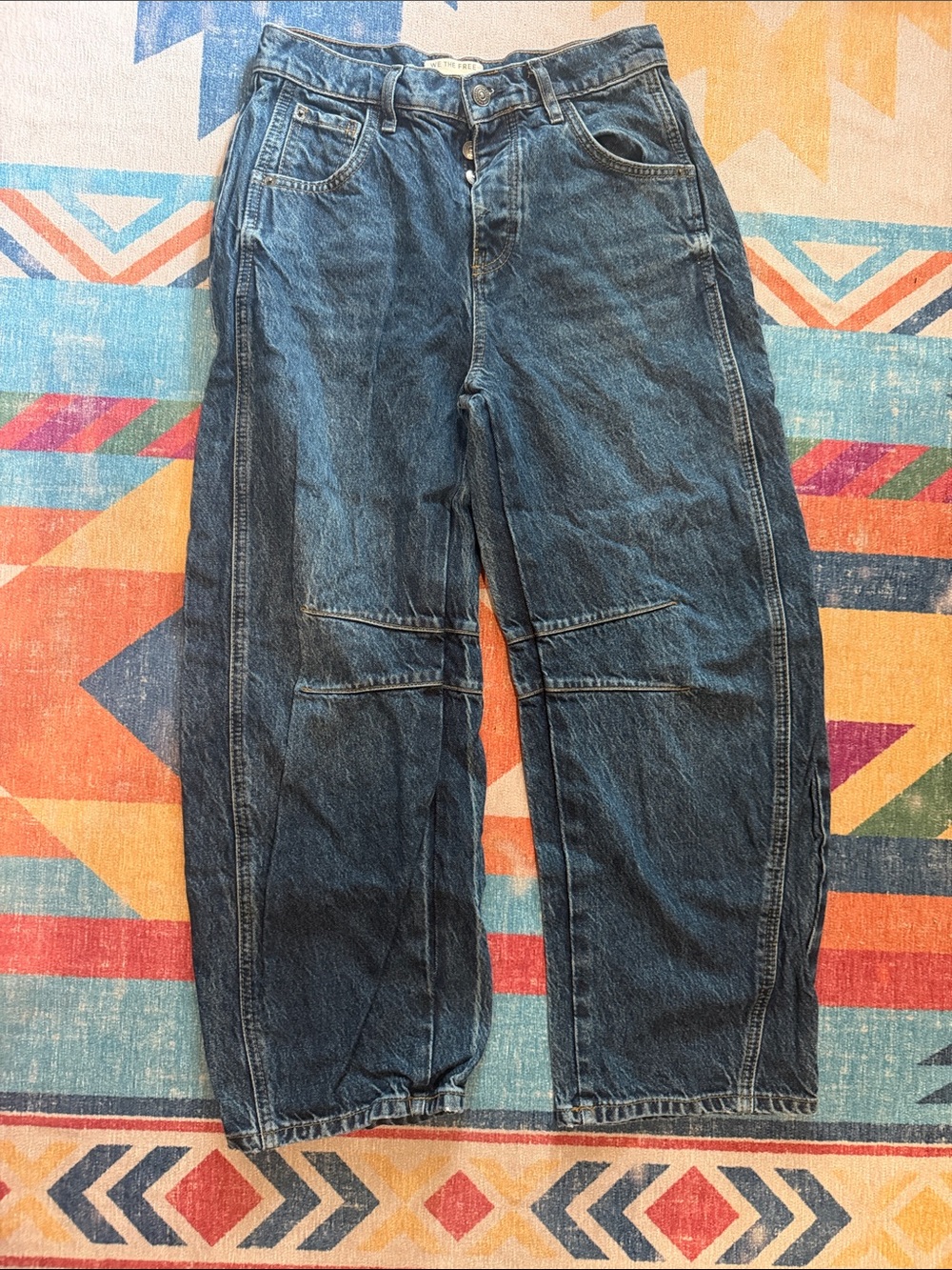 Free People Dark Blue Cropped Relaxed Denim Trousers